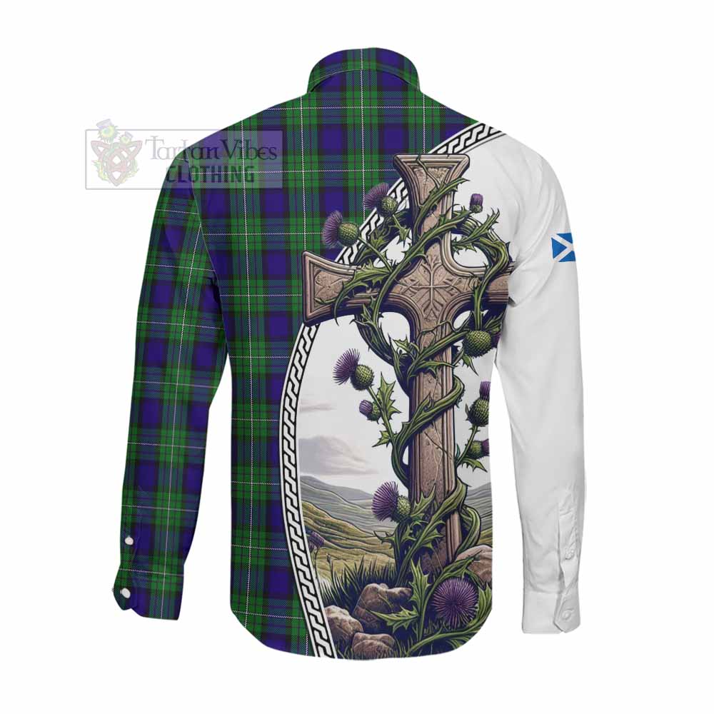 Tartan Vibes Clothing Alexander Tartan Long Sleeve Button Shirt with Family Crest and St. Andrew's Cross Accented by Thistle Vines