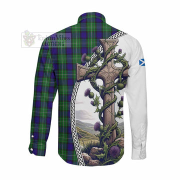 Alexander Tartan Long Sleeve Button Shirt with Family Crest and St. Andrew's Cross Accented by Thistle Vines