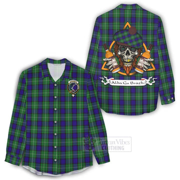 Alexander Tartan Women's Casual Shirt with Family Crest and Bearded Skull Holding Bottles of Whiskey