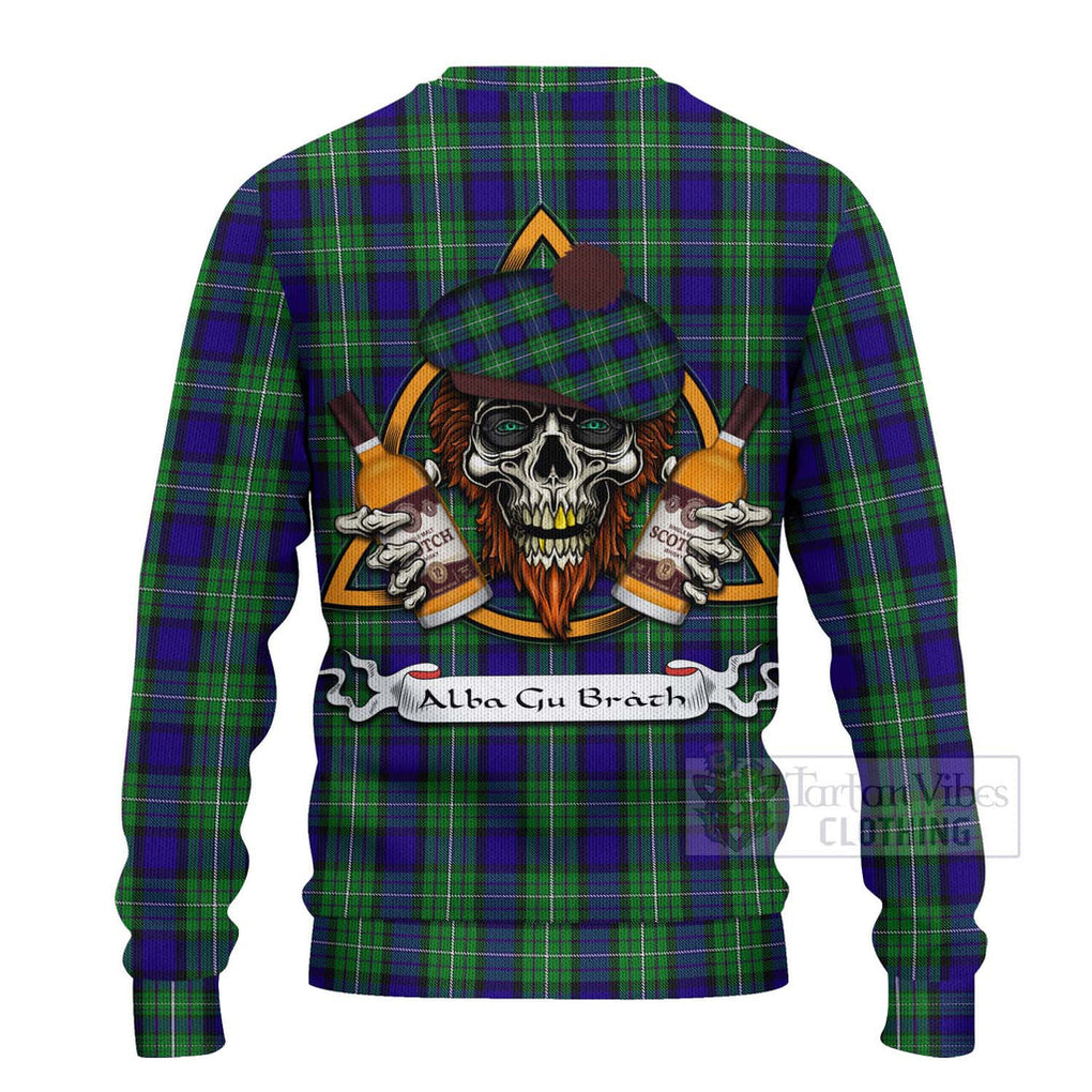 Tartan Vibes Clothing Alexander Tartan Knitted Sweater with Family Crest and Bearded Skull Holding Bottles of Whiskey