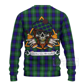 Alexander Tartan Ugly Sweater with Family Crest and Bearded Skull Holding Bottles of Whiskey