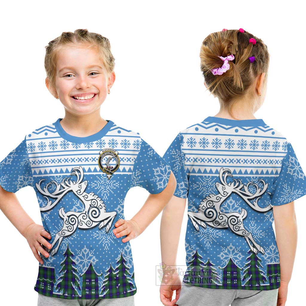 Tartan Vibes Clothing Alexander Clan Christmas Kid T-Shirt Celtic Reindeer Style