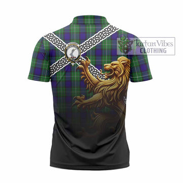 Alexander Crest Tartan Zipper Polo Shirt with Golden Lion Emblem Celtic Style - Tartan Vibes Clothing