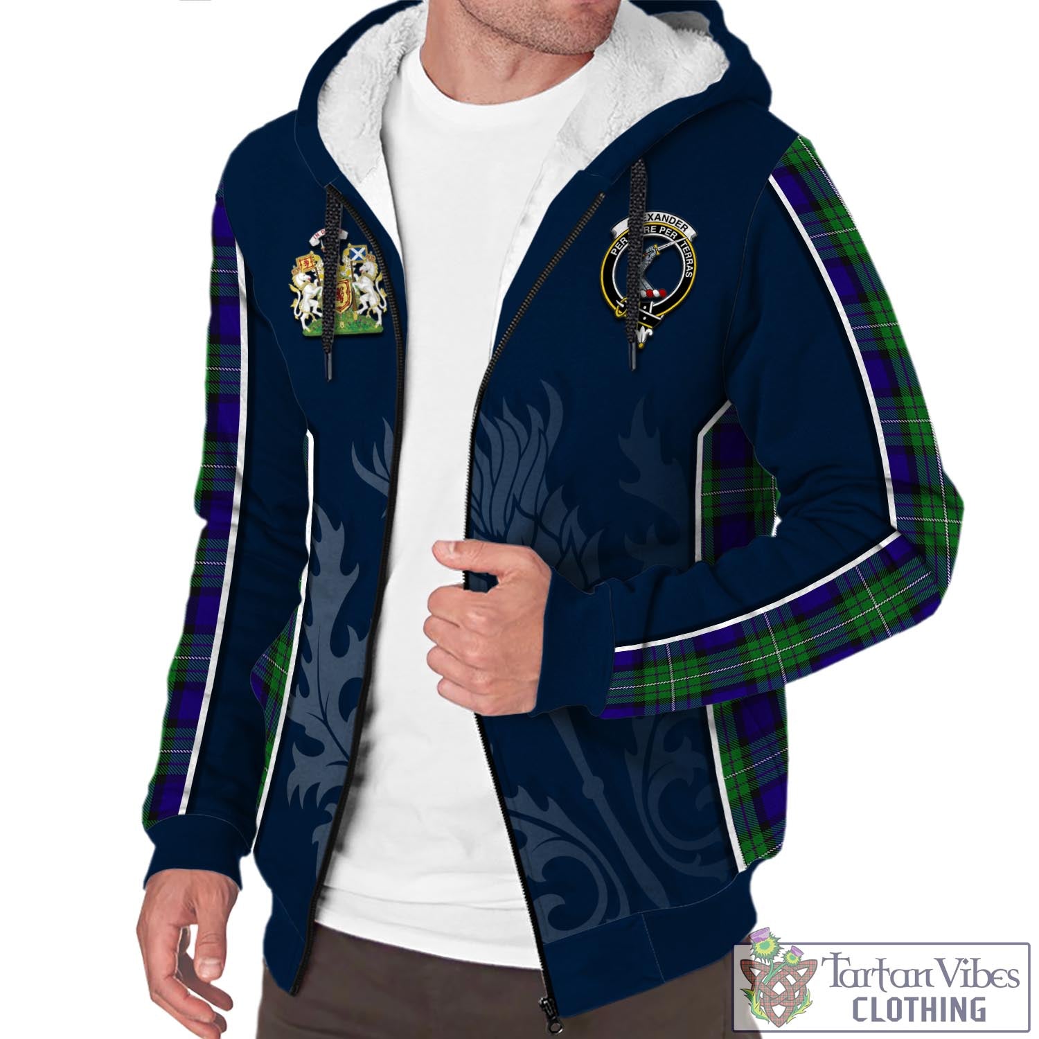 Tartan Vibes Clothing Alexander Tartan Sherpa Hoodie with Family Crest and Scottish Thistle Vibes Sport Style