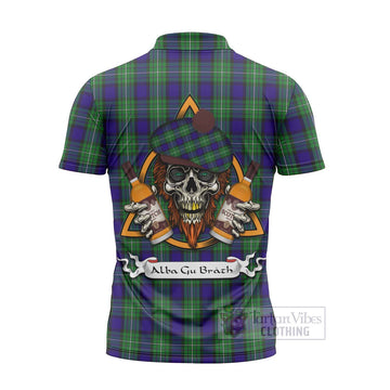 Alexander Tartan Zipper Polo Shirt with Family Crest and Bearded Skull Holding Bottles of Whiskey - Tartan Vibes Clothing