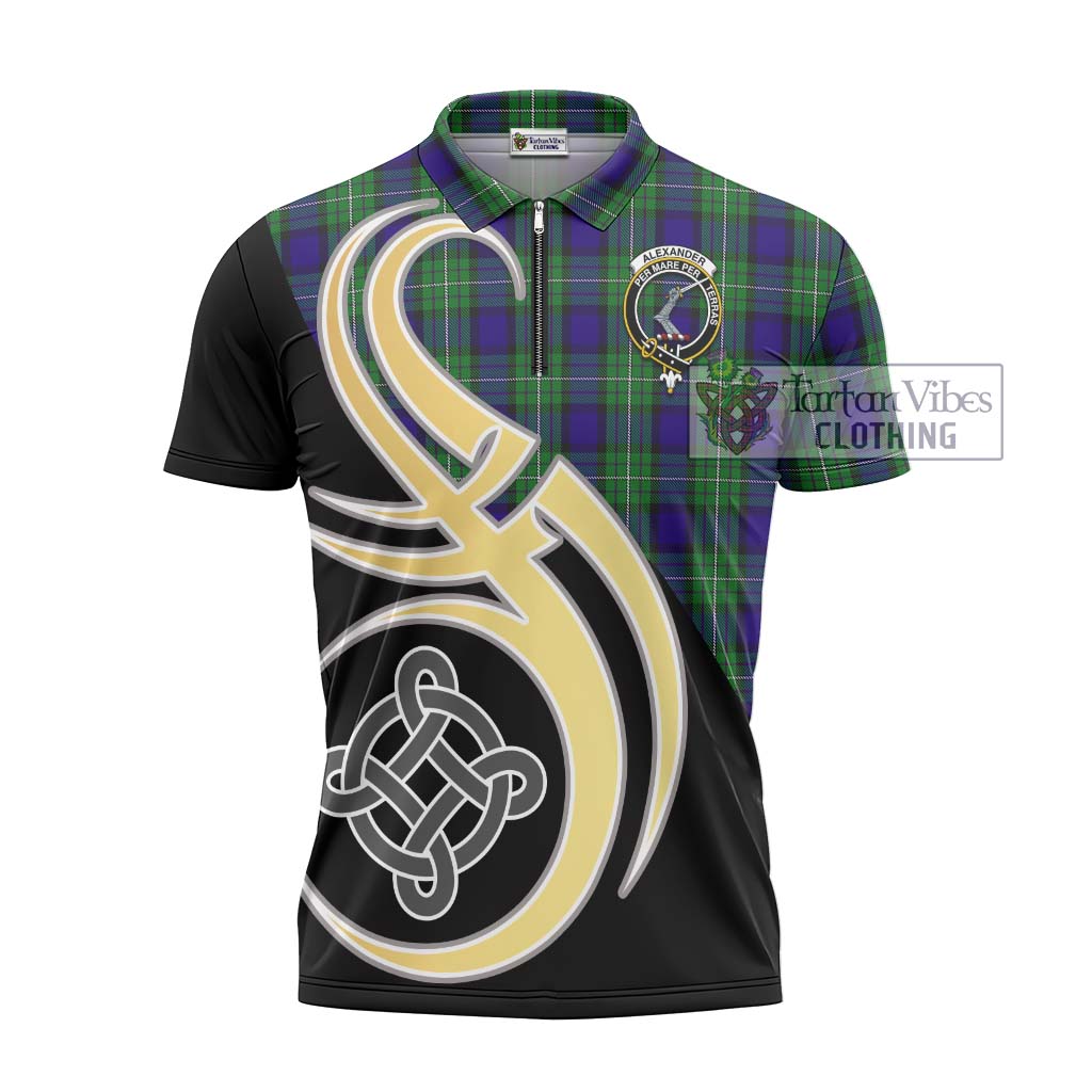 Tartan Vibes Clothing Alexander Tartan Zipper Polo Shirt with Family Crest and Celtic Symbol Style