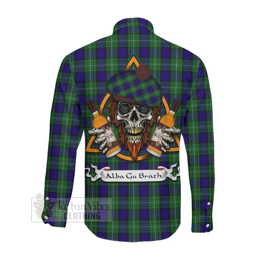 Tartan Vibes Clothing Alexander Tartan Long Sleeve Button Shirt with Family Crest and Bearded Skull Holding Bottles of Whiskey