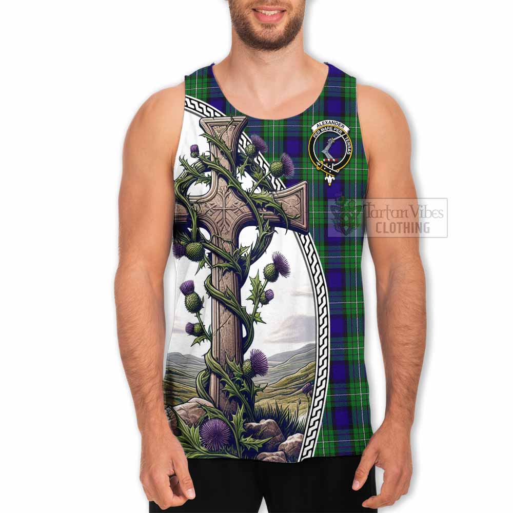 Tartan Vibes Clothing Alexander Tartan Men's Tank Top with Family Crest and St. Andrew's Cross Accented by Thistle Vines