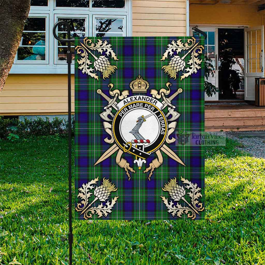 Tartan Vibes Clothing Alexander Tartan Flag with Family Crest and Golden Thistle Crossed Sword Design