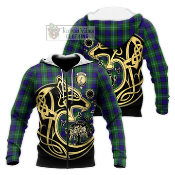 Alexander Tartan Knitted Hoodie with Family Crest Celtic Wolf Style