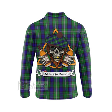 Alexander Tartan Long Sleeve Polo Shirt with Family Crest and Bearded Skull Holding Bottles of Whiskey - Tartan Vibes Clothing