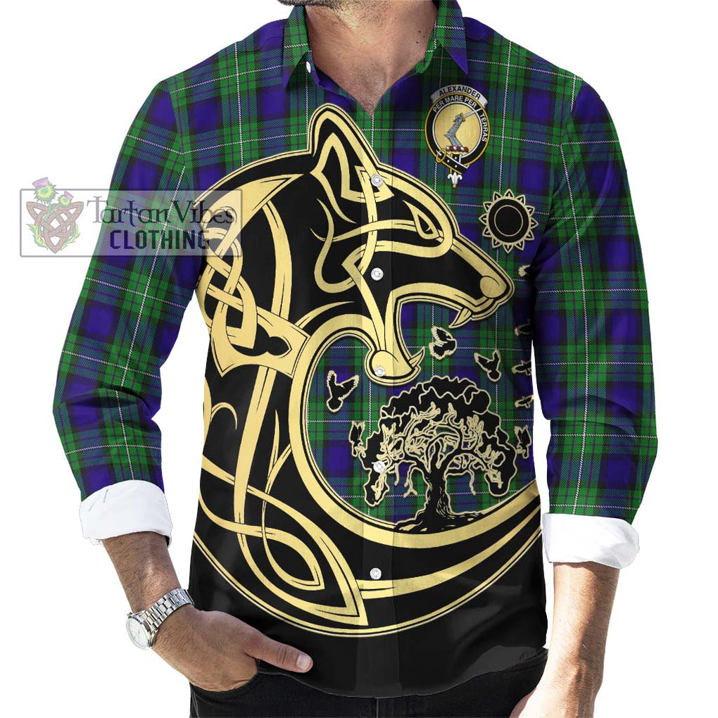 Alexander Tartan Long Sleeve Button Shirt with Family Crest Celtic Wolf Style - Tartan Vibes Clothing