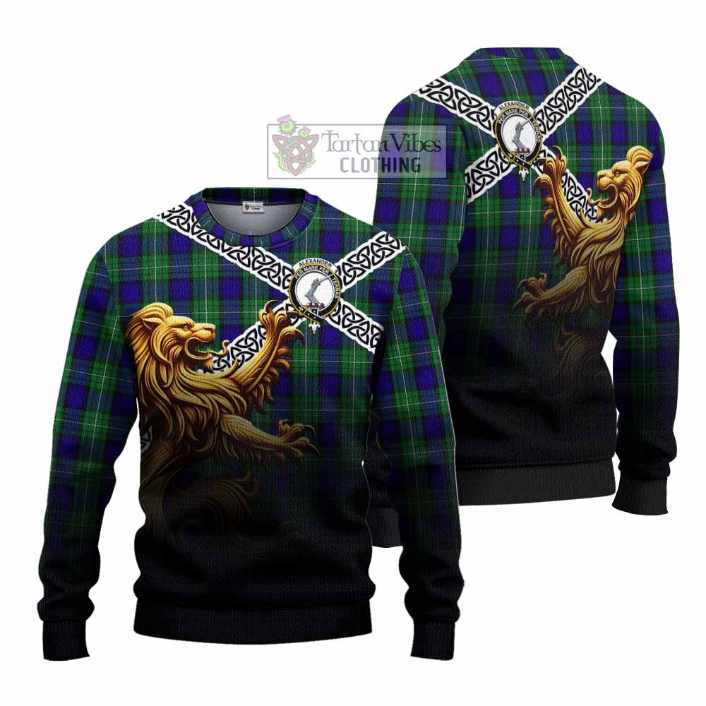 Alexander Crest Tartan Knitted Sweater with Golden Lion Emblem Celtic Style - Tartan Vibes Clothing