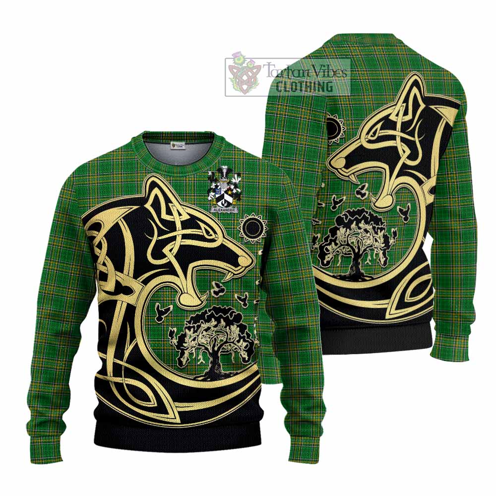 Tartan Vibes Clothing Alexander Irish Tartan Knitted Sweater with Coat of Arms Celtic Wolf Style