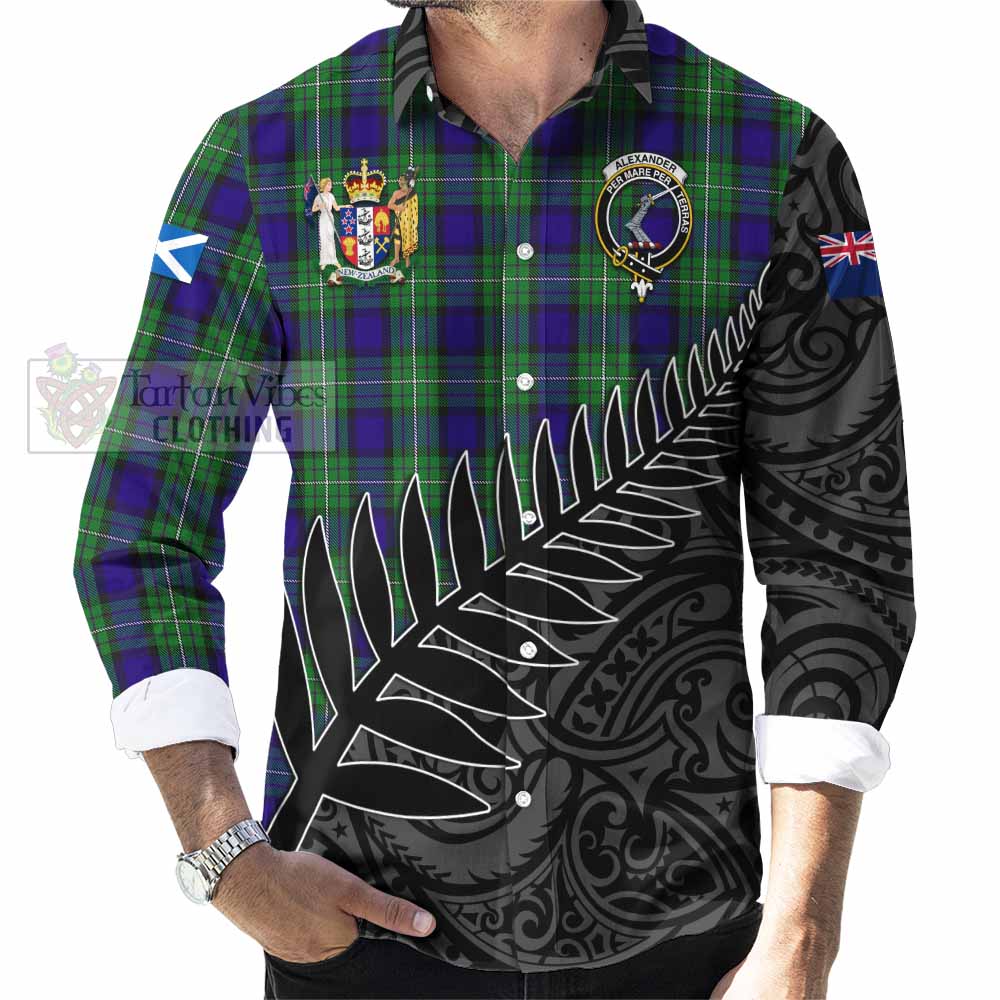 Tartan Vibes Clothing Alexander Crest Tartan Long Sleeve Button Shirt with New Zealand Silver Fern Half Style