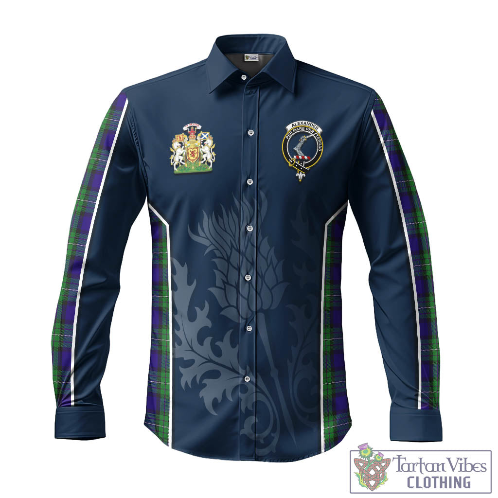 Tartan Vibes Clothing Alexander Tartan Long Sleeve Button Up Shirt with Family Crest and Scottish Thistle Vibes Sport Style