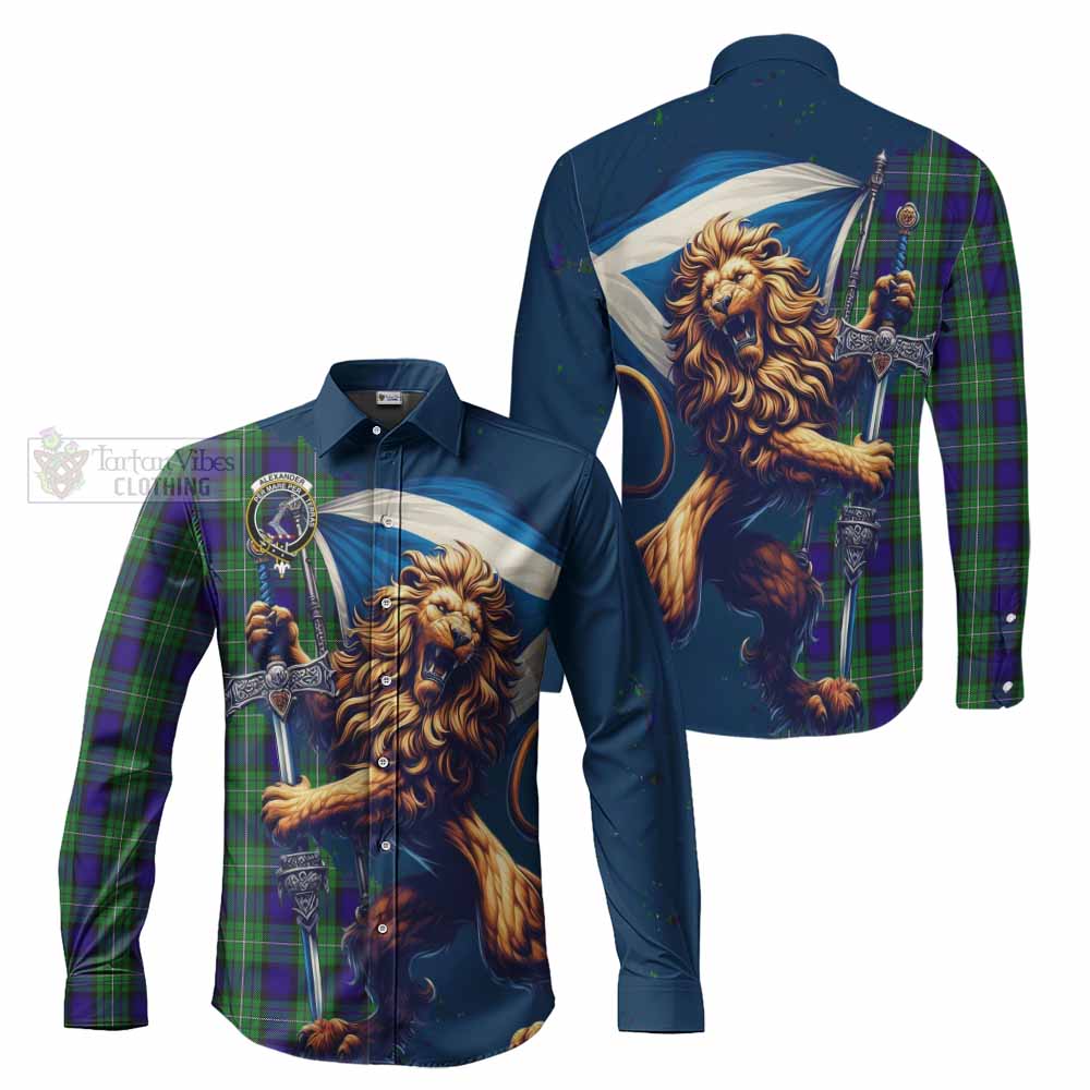 Tartan Vibes Clothing Alexander Tartan Family Crest Long Sleeve Button Shirt with Scottish Majestic Lion