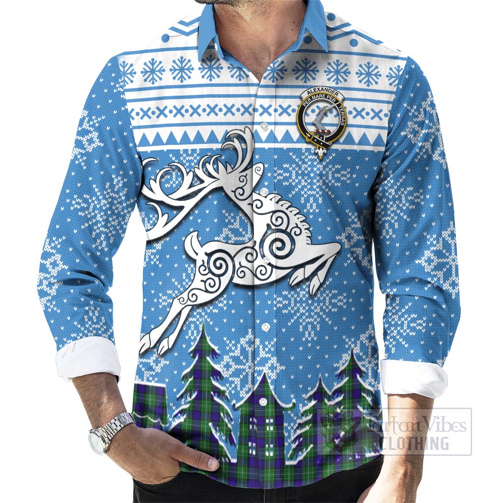 Tartan Vibes Clothing Alexander Clan Christmas Long Sleeve Button Shirt Celtic Reindeer Style