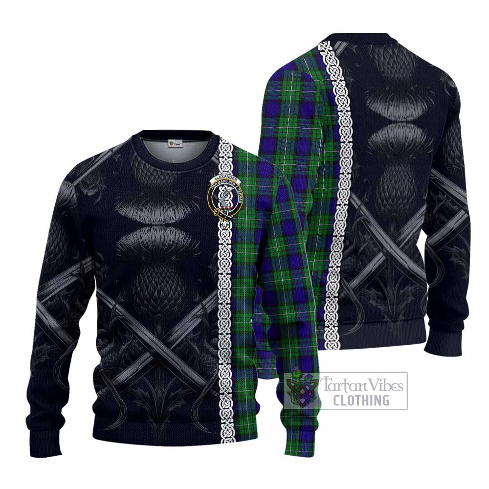 Alexander Tartan Knitted Sweater with Family Crest Cross Sword Thistle Celtic Vibes - Tartan Vibes Clothing