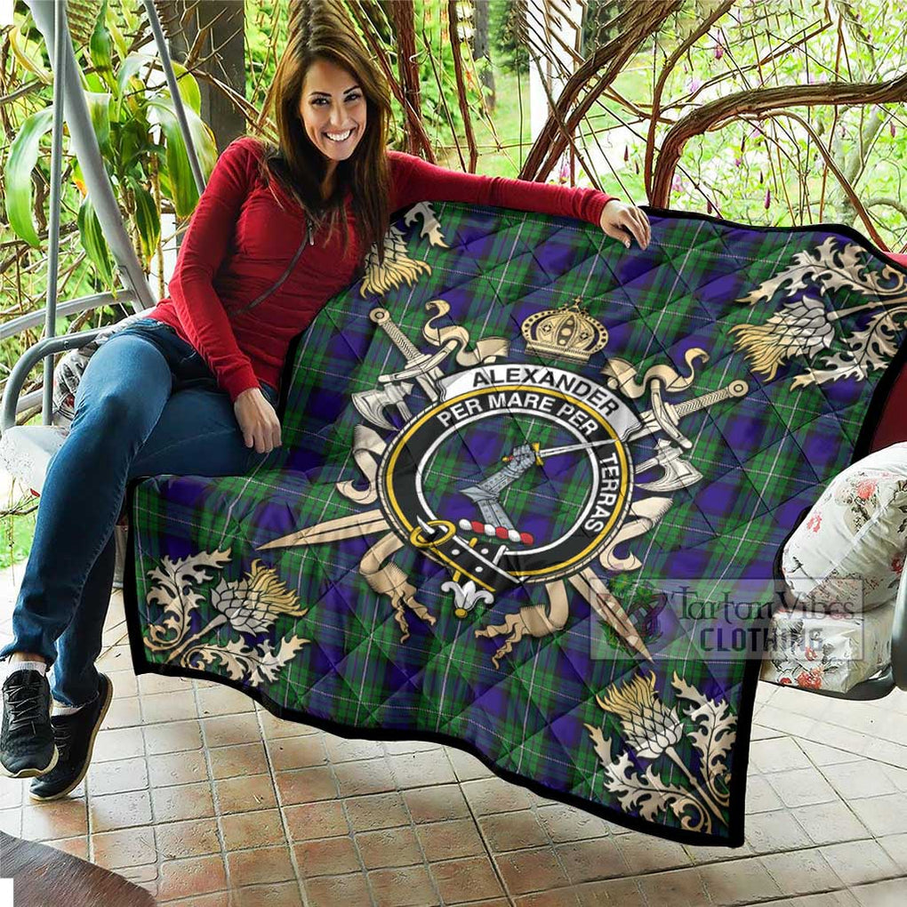 Tartan Vibes Clothing Alexander Tartan Quilt with Family Crest and Scottish Golden Courage Shield