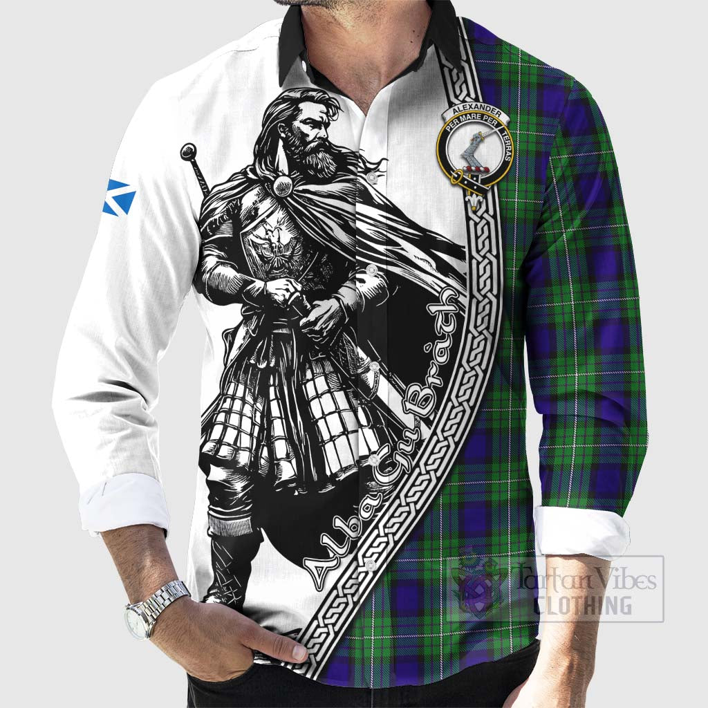 Tartan Vibes Clothing Alexander Tartan Clan Crest Long Sleeve Button Shirt with Highlander Warrior Celtic Style