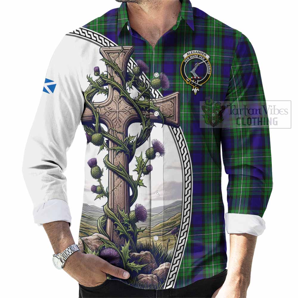 Tartan Vibes Clothing Alexander Tartan Long Sleeve Button Shirt with Family Crest and St. Andrew's Cross Accented by Thistle Vines