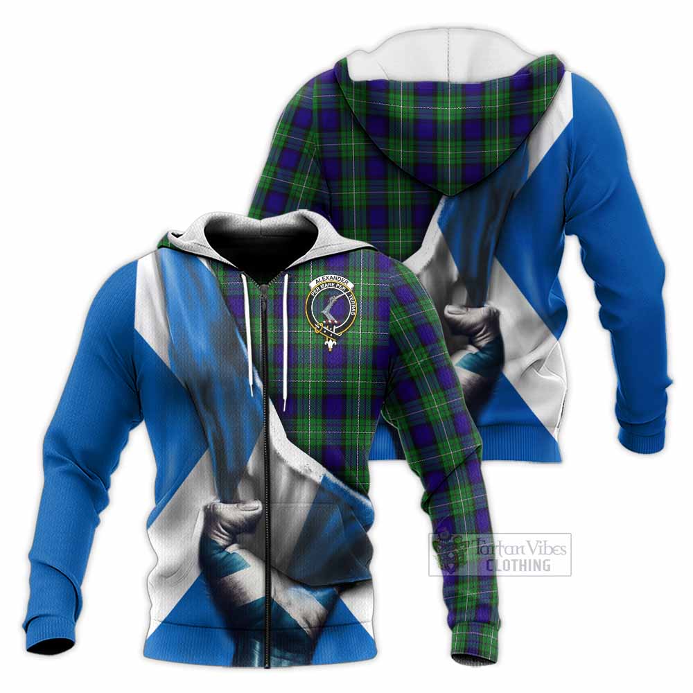 Tartan Vibes Clothing Alexander Tartan Knitted Hoodie with Family Crest Scotland Patriotic Style