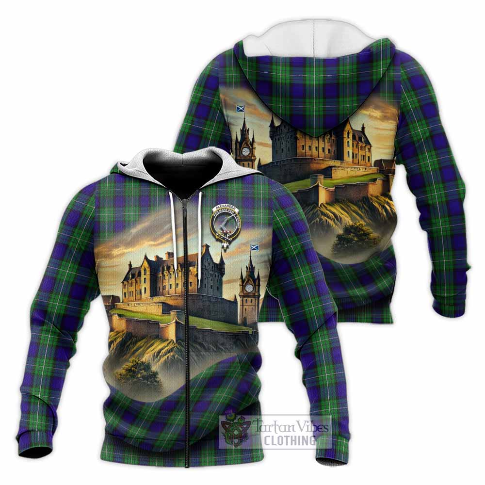 Alexander Tartan Family Crest Knitted Hoodie with Scottish Ancient Castle Style Unisex Knitted Zip Hoodie - Tartan Vibes Clothing