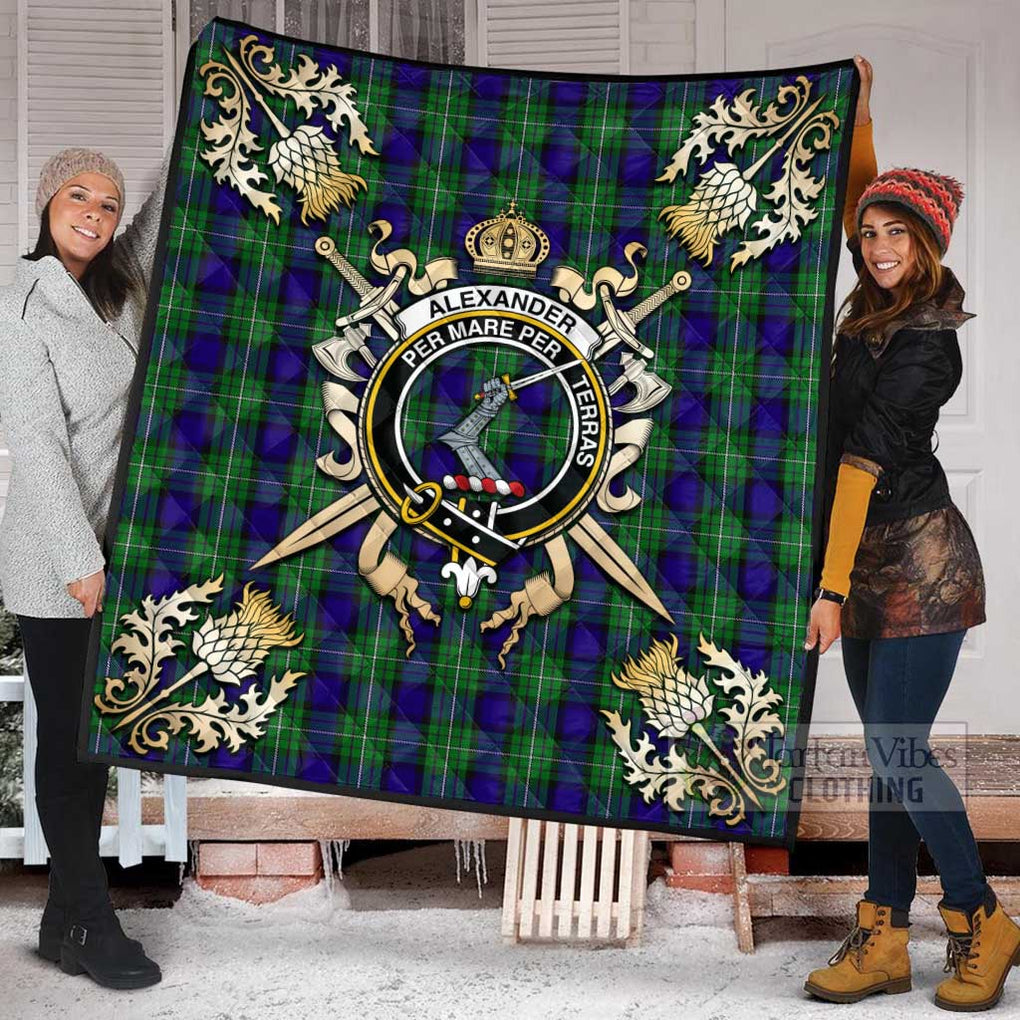 Tartan Vibes Clothing Alexander Tartan Quilt with Family Crest and Scottish Golden Courage Shield