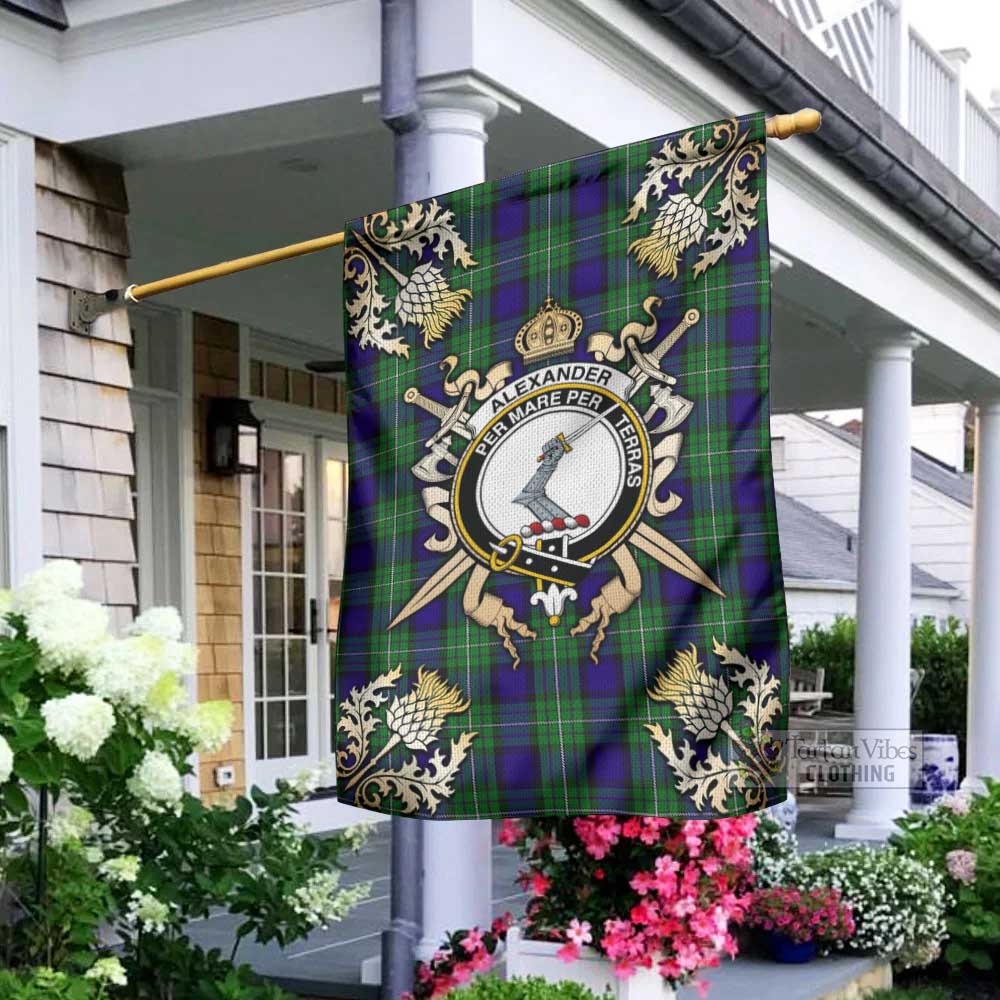 Tartan Vibes Clothing Alexander Tartan Flag with Family Crest and Golden Thistle Crossed Sword Design