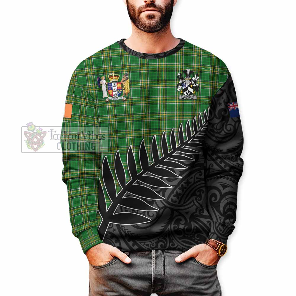 Tartan Vibes Clothing Alexander Irish Clan Tartan Sweatshirt with Coat of Arms New Zealand Silver Fern Half Style