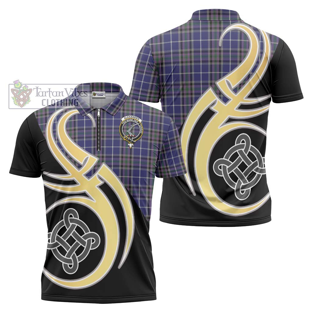 Tartan Vibes Clothing Alexander of Menstry Tartan Zipper Polo Shirt with Family Crest and Celtic Symbol Style