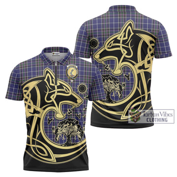 Alexander of Menstry Tartan Zipper Polo Shirt with Family Crest Celtic Wolf Style