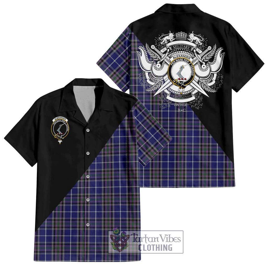 Tartan Vibes Clothing Alexander of Menstry Tartan Short Sleeve Button Shirt with Family Crest and Military Logo Style