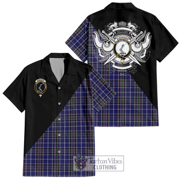 Alexander of Menstry Tartan Short Sleeve Button Shirt with Family Crest and Military Logo Style