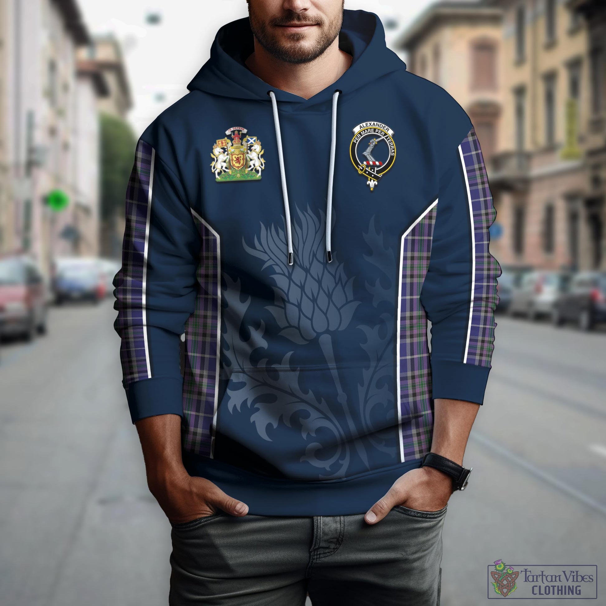 Tartan Vibes Clothing Alexander of Menstry Tartan Hoodie with Family Crest and Scottish Thistle Vibes Sport Style