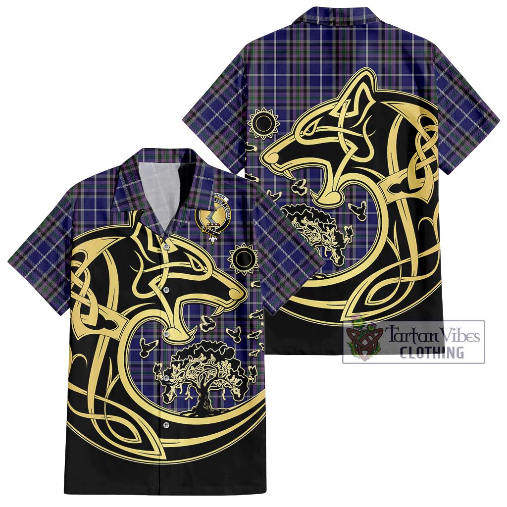 Tartan Vibes Clothing Alexander of Menstry Tartan Short Sleeve Button Shirt with Family Crest Celtic Wolf Style