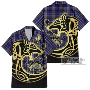 Alexander of Menstry Tartan Short Sleeve Button Shirt with Family Crest Celtic Wolf Style