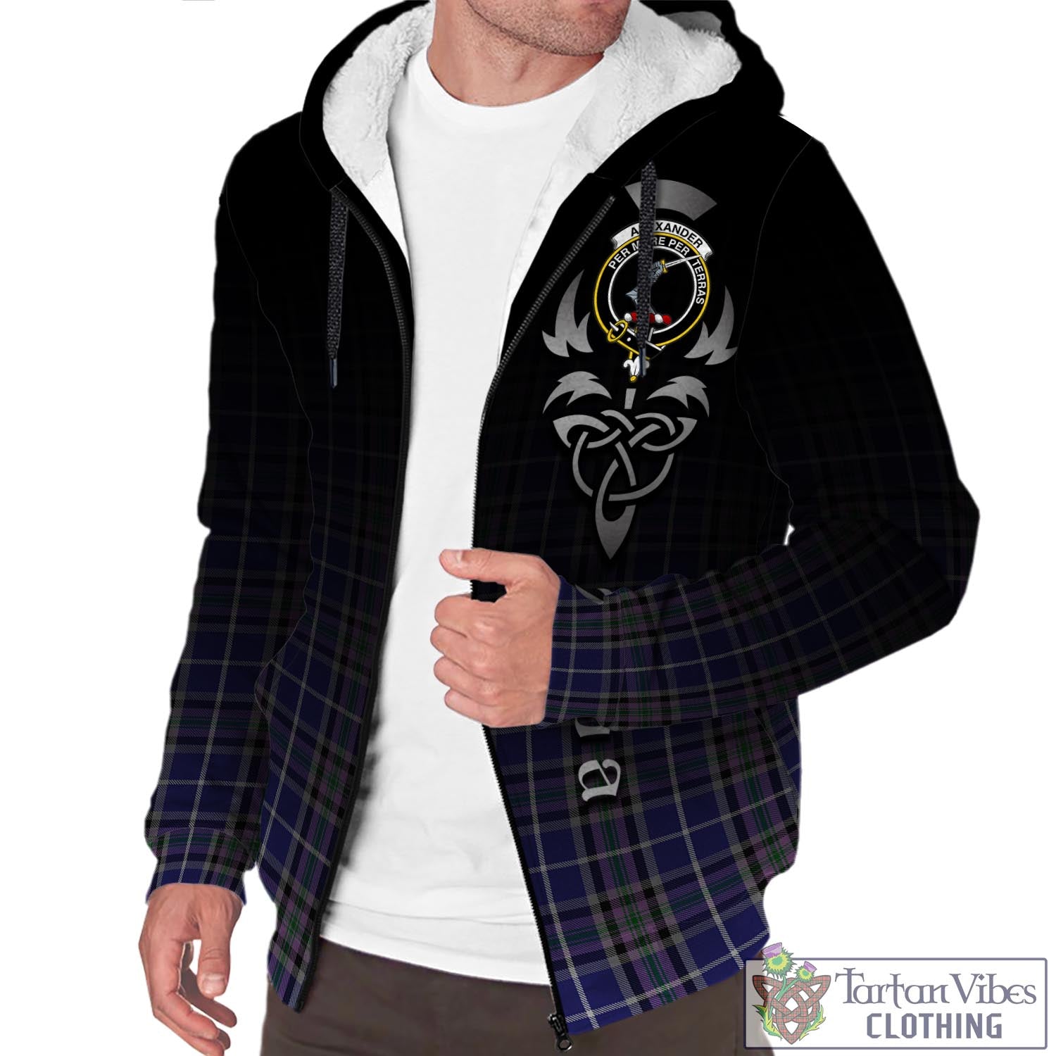 Tartan Vibes Clothing Alexander of Menstry Tartan Sherpa Hoodie Featuring Alba Gu Brath Family Crest Celtic Inspired