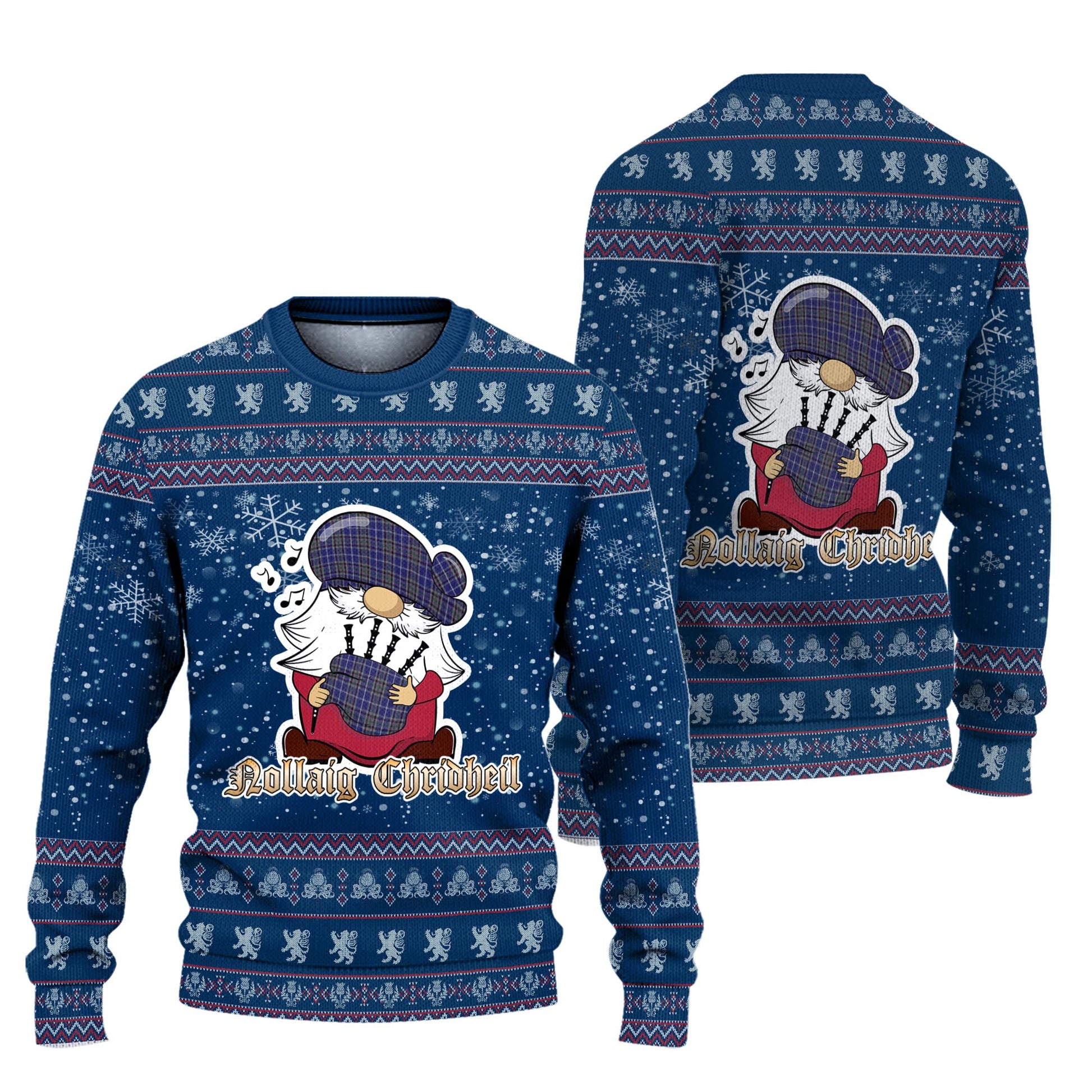 Alexander of Menstry Clan Christmas Family Knitted Sweater with Funny Gnome Playing Bagpipes Unisex Blue - Tartanvibesclothing