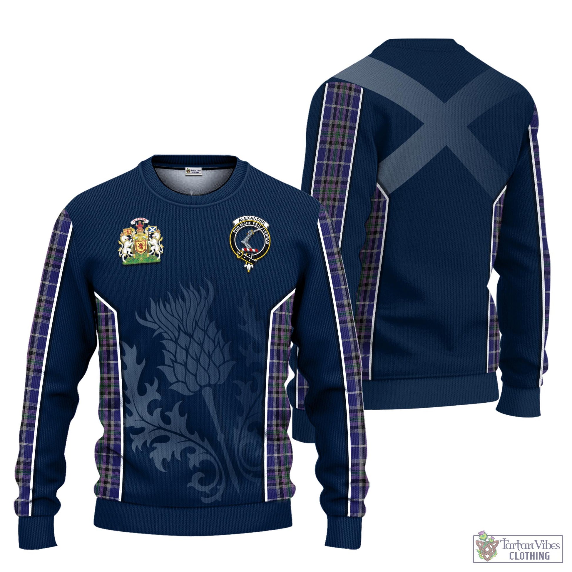 Tartan Vibes Clothing Alexander of Menstry Tartan Knitted Sweatshirt with Family Crest and Scottish Thistle Vibes Sport Style