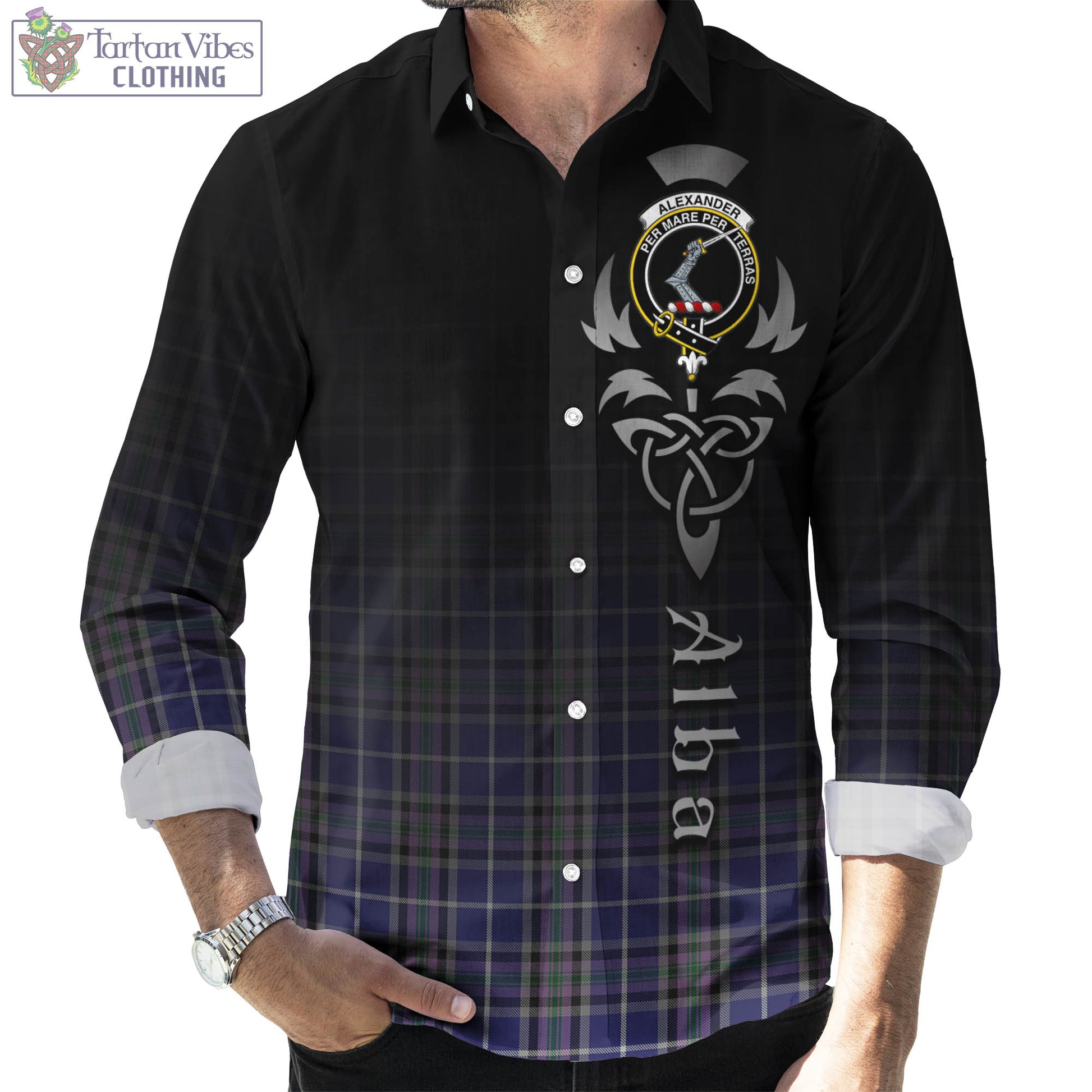 Tartan Vibes Clothing Alexander of Menstry Tartan Long Sleeve Button Up Featuring Alba Gu Brath Family Crest Celtic Inspired