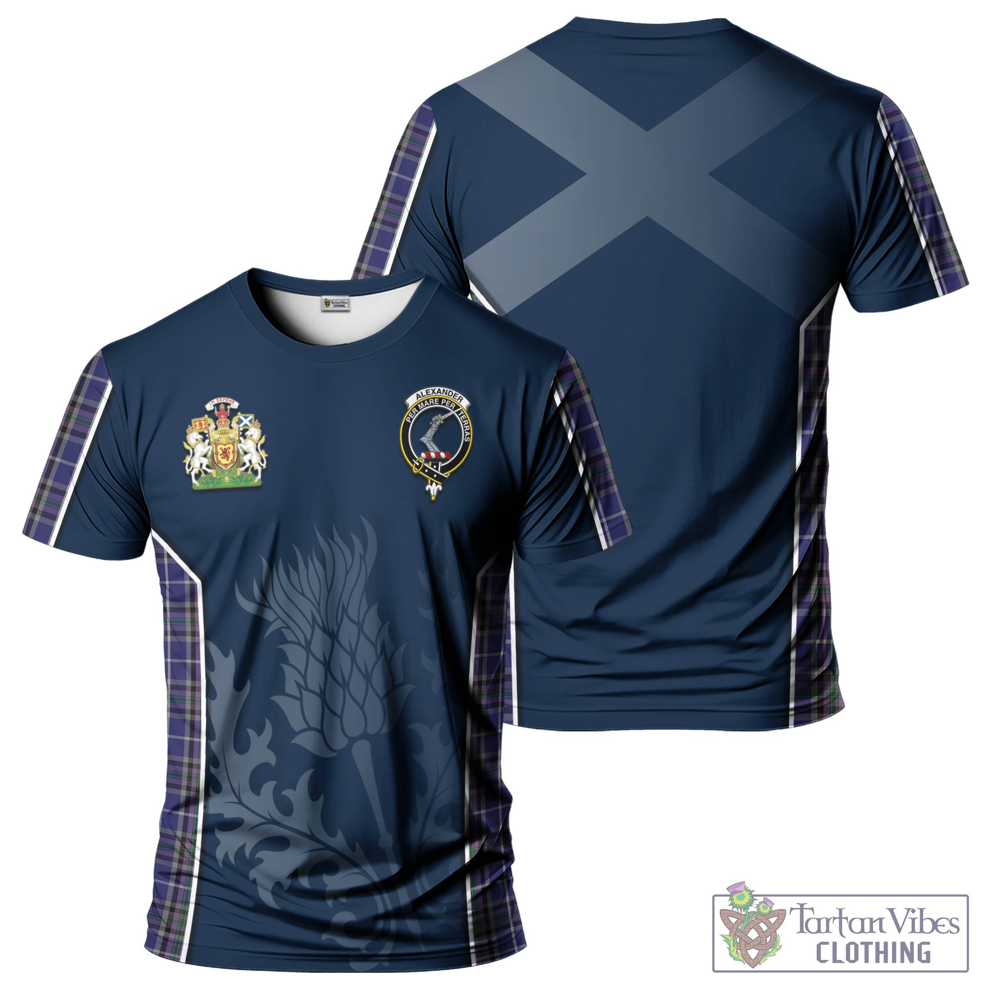 Tartan Vibes Clothing Alexander of Menstry Tartan T-Shirt with Family Crest and Scottish Thistle Vibes Sport Style