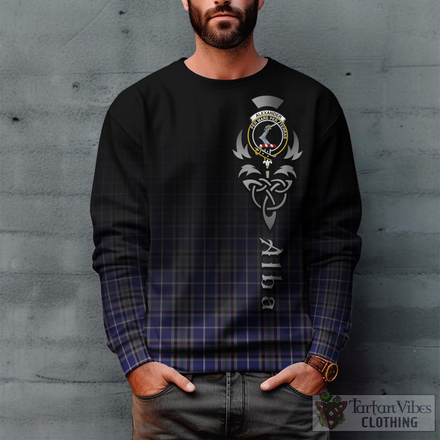 Tartan Vibes Clothing Alexander of Menstry Tartan Sweatshirt Featuring Alba Gu Brath Family Crest Celtic Inspired