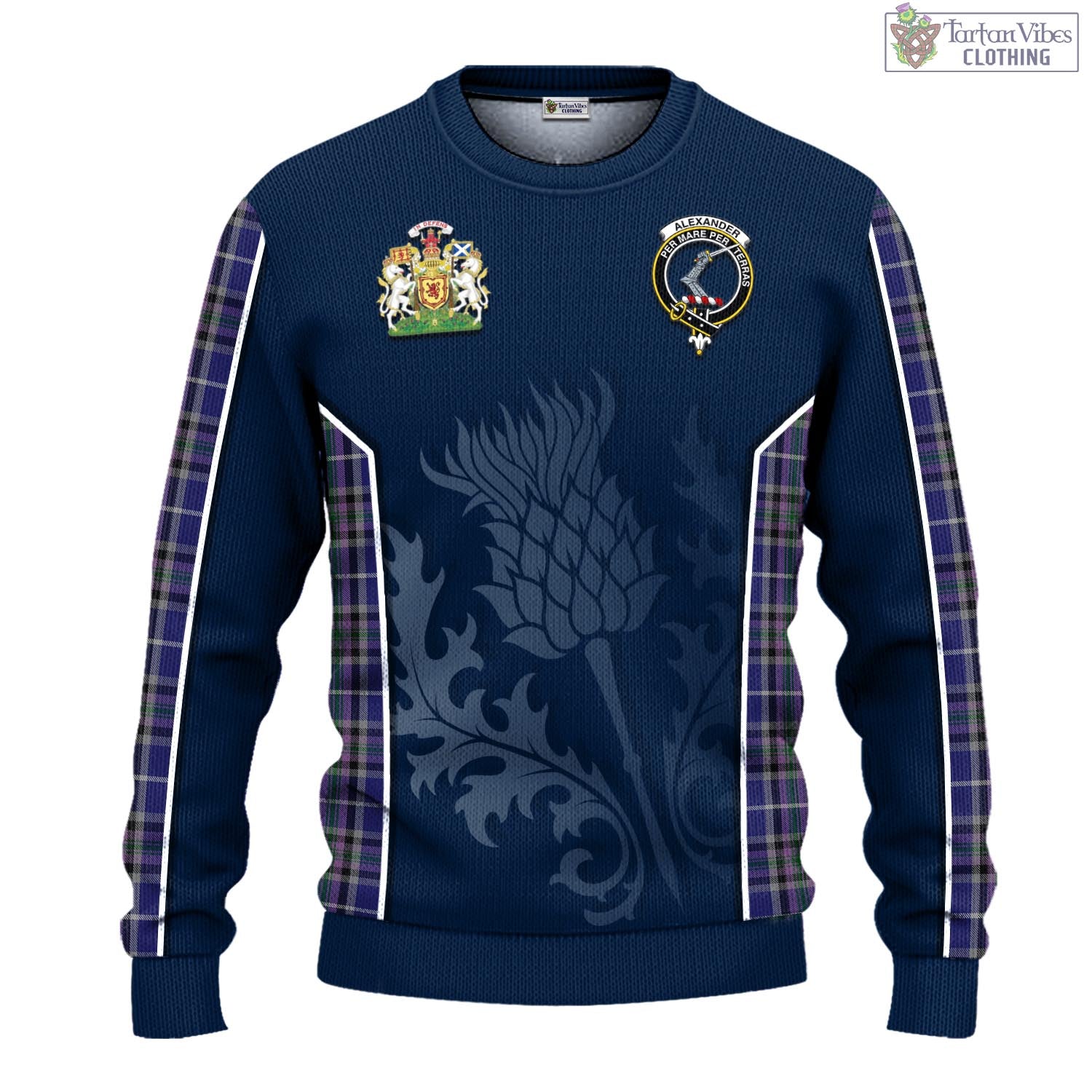 Tartan Vibes Clothing Alexander of Menstry Tartan Knitted Sweatshirt with Family Crest and Scottish Thistle Vibes Sport Style