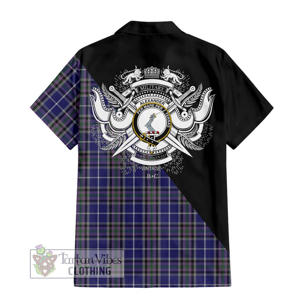 Tartan Vibes Clothing Alexander of Menstry Tartan Short Sleeve Button Shirt with Family Crest and Military Logo Style