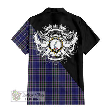 Alexander of Menstry Tartan Short Sleeve Button Shirt with Family Crest and Military Logo Style