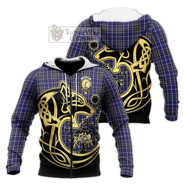 Alexander of Menstry Tartan Knitted Hoodie with Family Crest Celtic Wolf Style