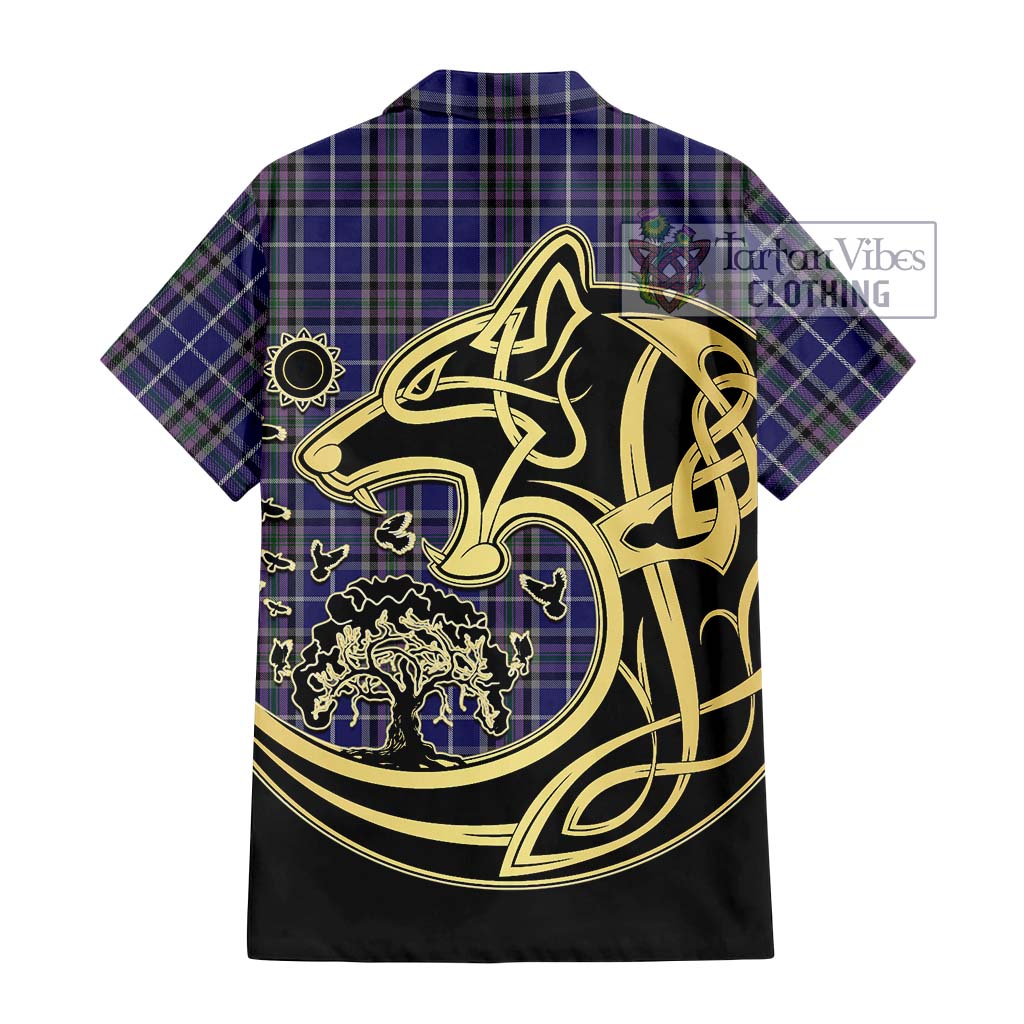 Tartan Vibes Clothing Alexander of Menstry Tartan Short Sleeve Button Shirt with Family Crest Celtic Wolf Style