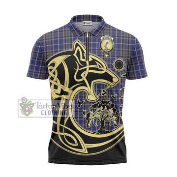 Alexander of Menstry Tartan Zipper Polo Shirt with Family Crest Celtic Wolf Style